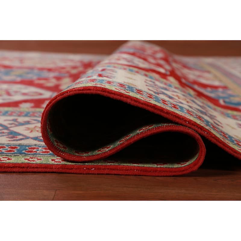 Hand Knotted Oriental 100% Wool Carpet Traditional Geometric Red Kazak Area Rug - 9' 6'' X 8' 0''