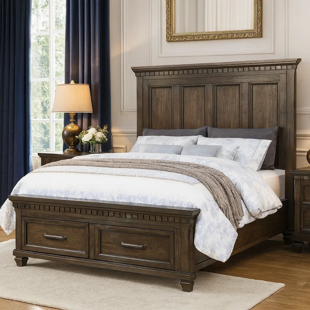 Ziv Classic California King Bed with Storage Drawers, Metal Handles, Brown