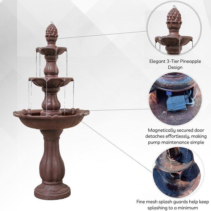 XBrand 3-Tier Water Fountain w/Pump & Pineapple Top, 51 Inch Tall, Large Outdoor Freestanding Waterfall Decor for Porch