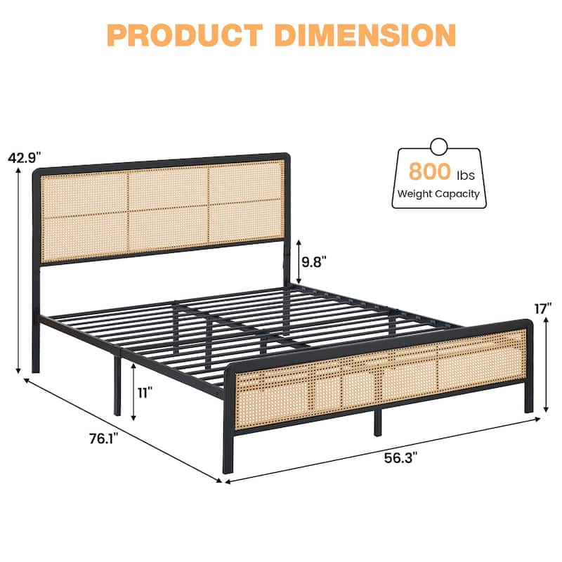 Rattan Bed Frame with Headboard LED Lights and Footboard