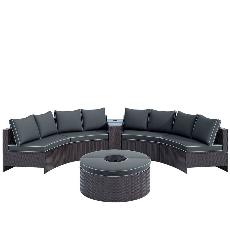 6 Pieces Outdoor Sectional Half Round Patio Rattan Sofa Set, PE Wicker Conversation Furniture Set