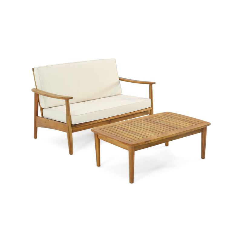 2 Piece Outdoor Patio Furniture Set, Acacia Wood Loveseat Sofa and Coffee Table Set with Cushions - Teak+ Beige