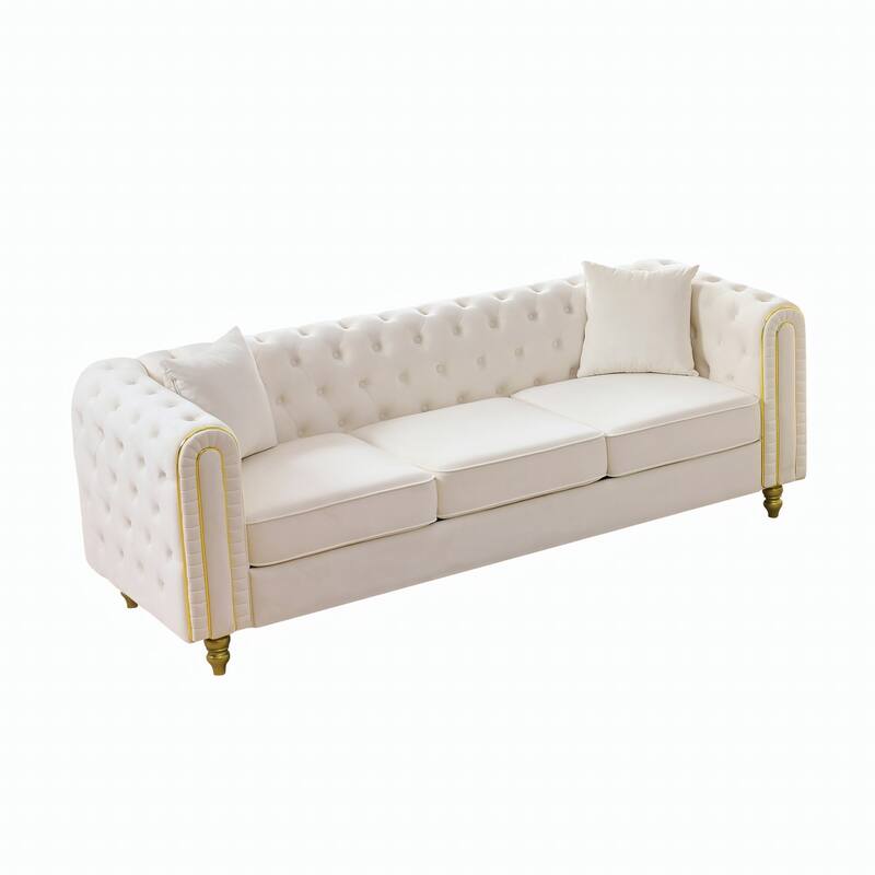 Roomfitters 86" Modern Upholstered Chesterfield Tuxedo Sofa with Gold Trim, Button Back 3-Seater Couch for Living Room