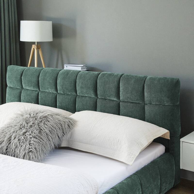 Queen Upholstered Platform Bed with Chenille Fabric, Soft Headboard & Underbed Storage Drawer, Solid Bed Frame