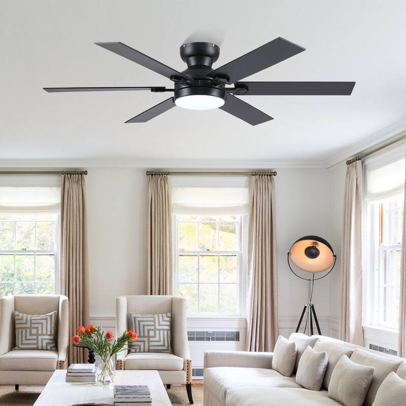 46/52 inch Flush Mount Ceiling Fan with Light,Remote and APP Control,6 Dual Side Blades,Reversible DC Motor