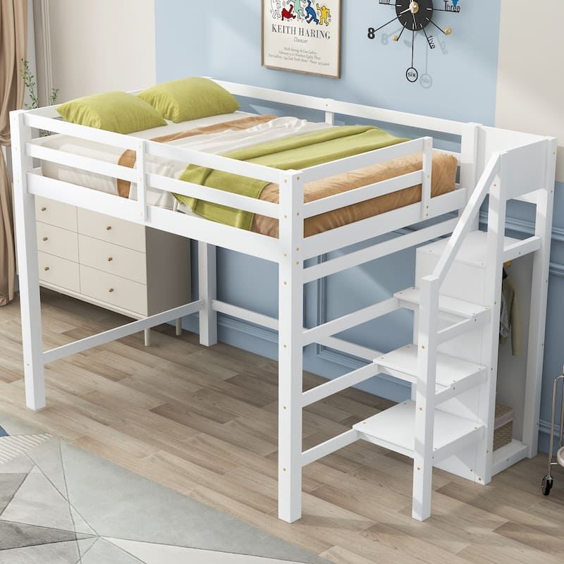 Full Size Loft Bed with Built-in Wardrobe Closet, Storage Staircase, Solid Pine Frame, Space-Saving Design - White