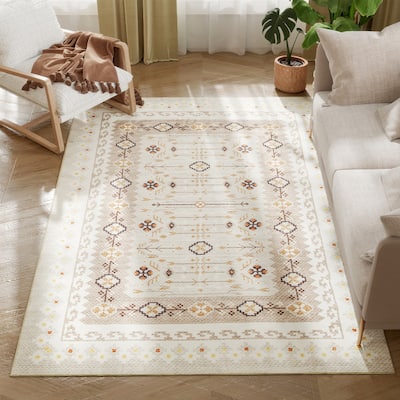 HOMCOM Area Rug 4x6, Machine Washable Rug, Non-Slip Boho Floral Print Floor Cover Foldable Carpet for Living Room - 3'6"