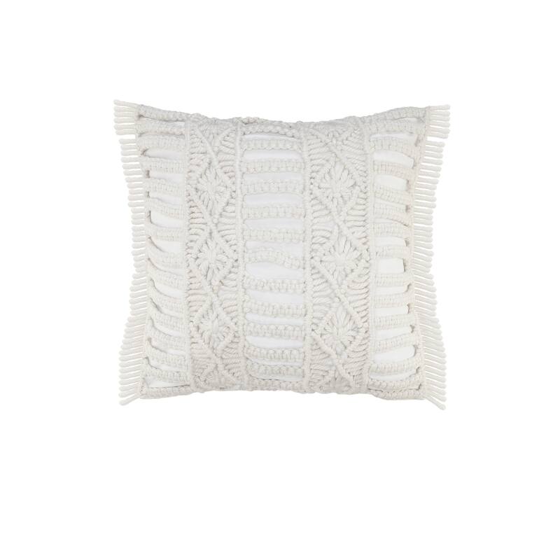 Handwoven Macrame Striped Square Throw Pillow - 20" - White
