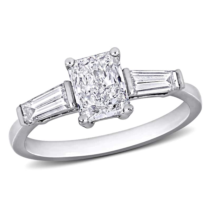 Miadora 1 1/2ct TDW Radiant and Taper Diamond Three Stone Engagement Ring in 14k White Gold