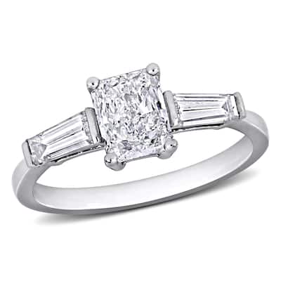 Miadora 1 1/2ct TDW Radiant and Taper Diamond Three Stone Engagement Ring in 14k White Gold