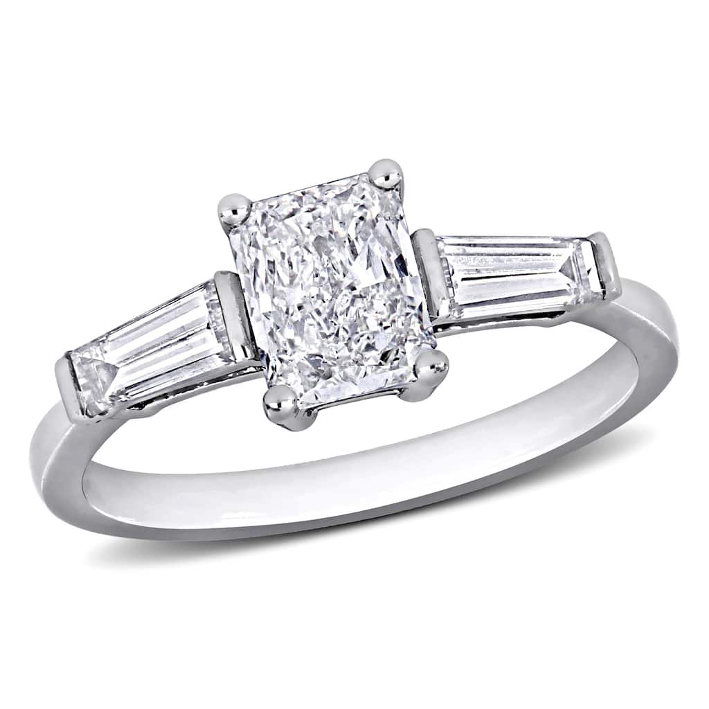 Miadora 1 1/2ct TDW Radiant and Taper Diamond Three Stone Engagement Ring in 14k White Gold