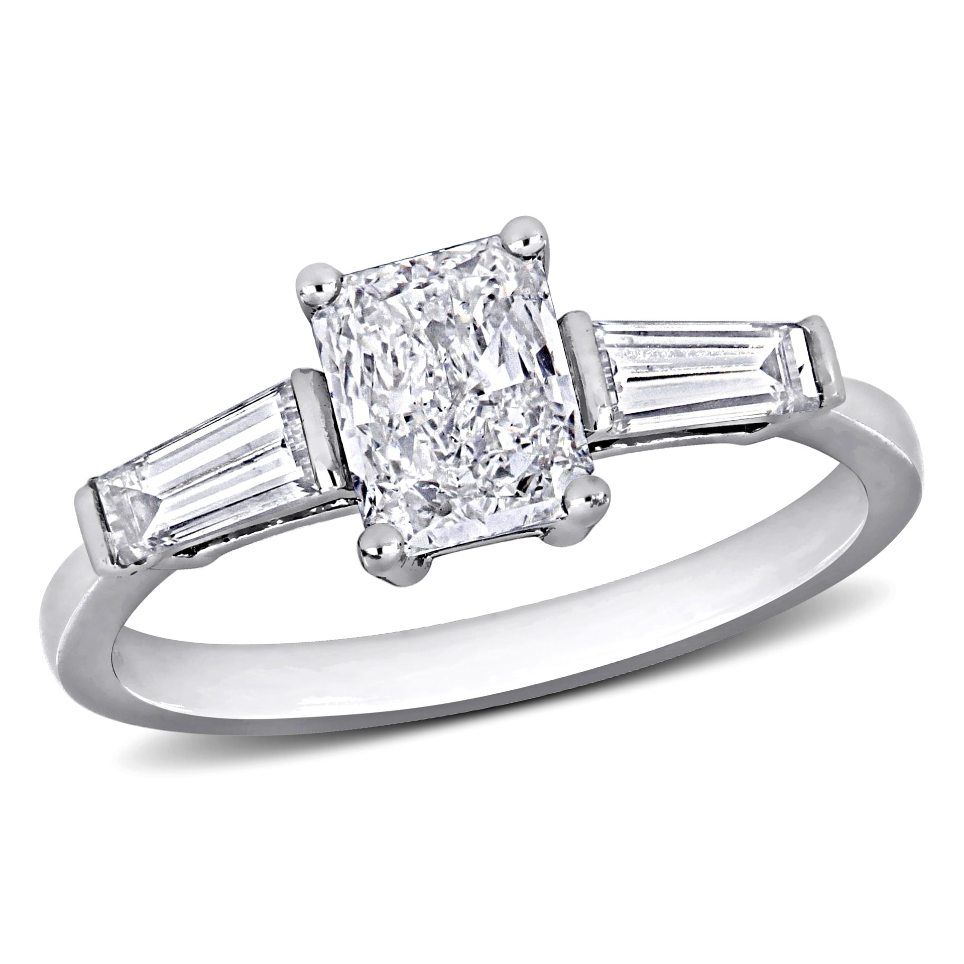 Miadora 1 1/2ct TDW Radiant and Taper Diamond Three Stone Engagement Ring in 14k White Gold