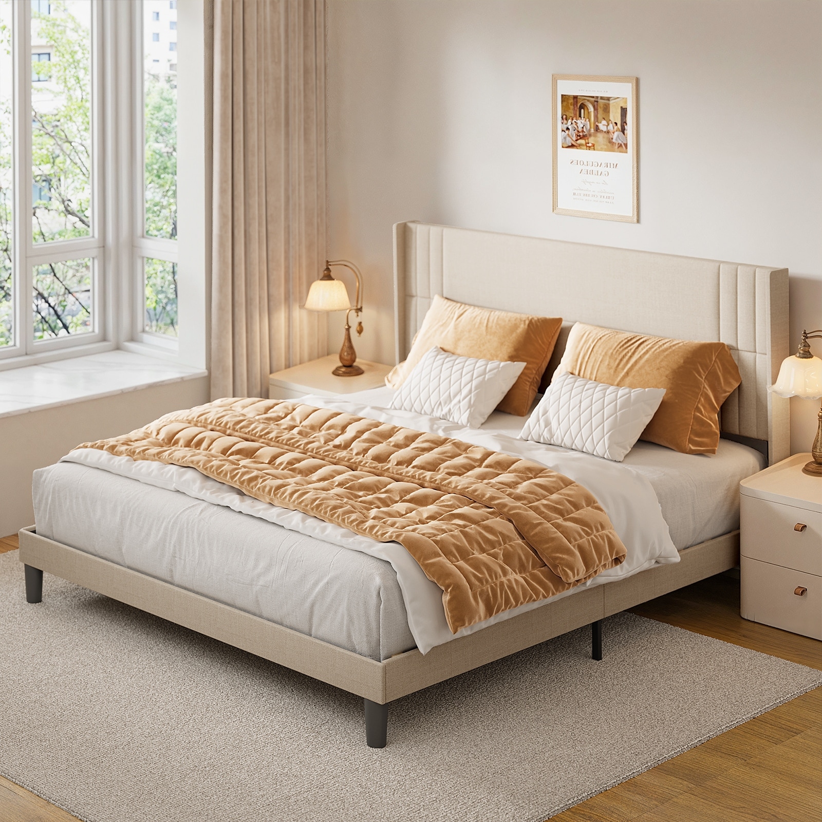 Twin/Full/Queen/King Bed Frame with Wingback Headboard, Upholstered Platform Bed