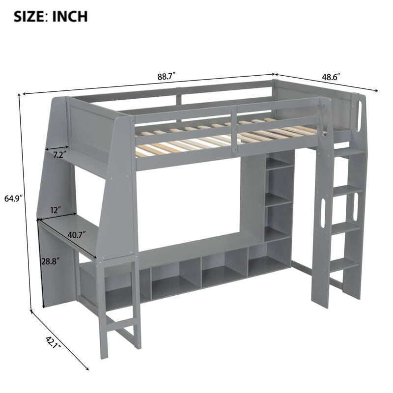 Gray Twin Size Loft Bed with Built-in Desk, Shelves, LED Lighting & Clothes Rack