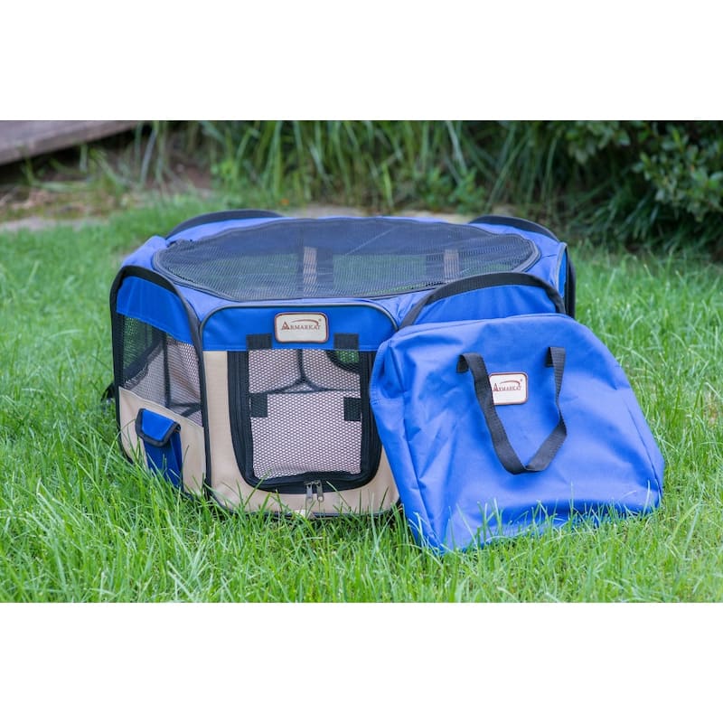 Portable Pet Playpen for Large dog , Puppies and Cats - M - Blue and Beige