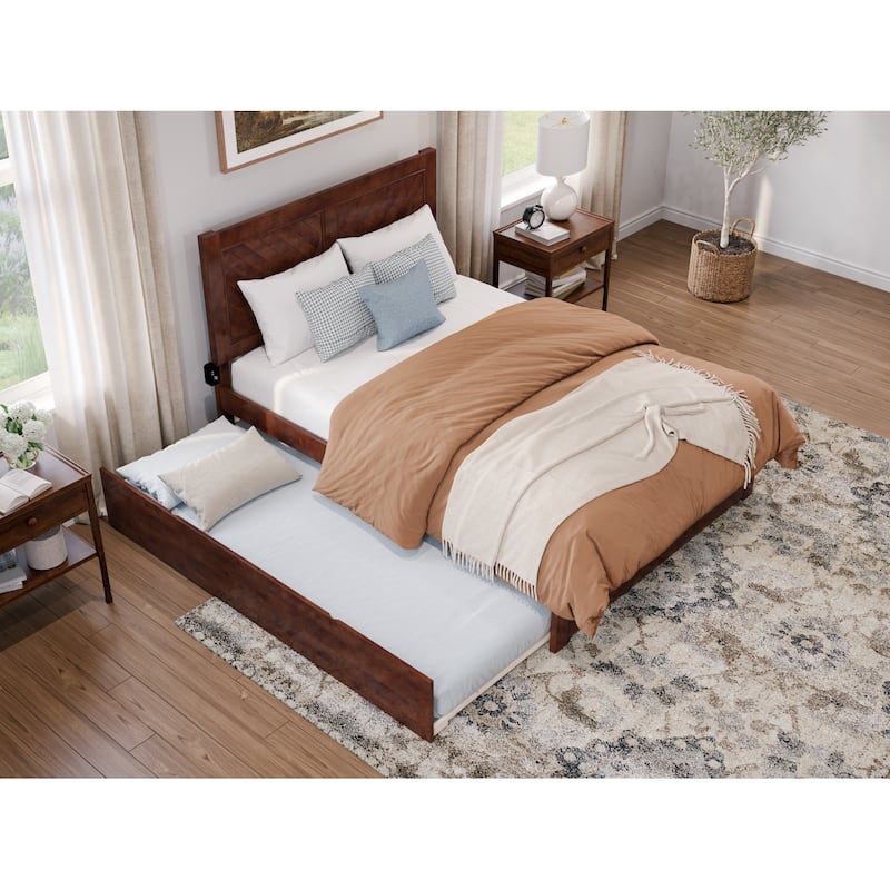Full Size Platform Bed with Trundle - Mid Century Modern Design, Walnut Finish, Headboard Footboard Included