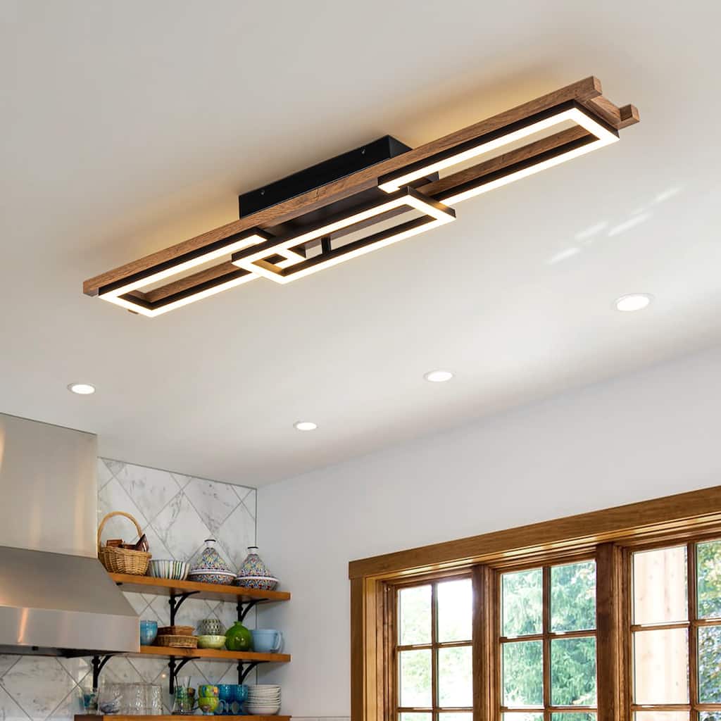 Integrated LED Rectangle Wood Semi Flush Mount Ceiling Light for Hallway Foyer