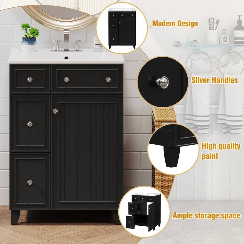 24" Bathroom Vanity Cabinet with Ceramic Sink & 2 Drawers, Bathroom Storage Cabinet Free-standing Single Sink Cabinet, Black - Black