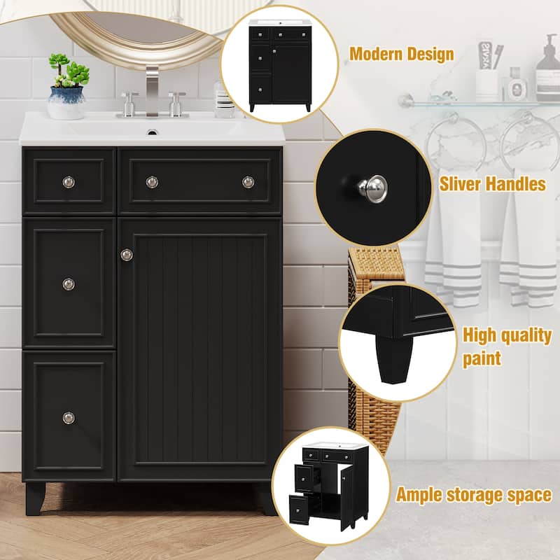 24-Inch Bathroom Vanity Cabinet with Ceramic Sink, 2 Drawers,1 Door
