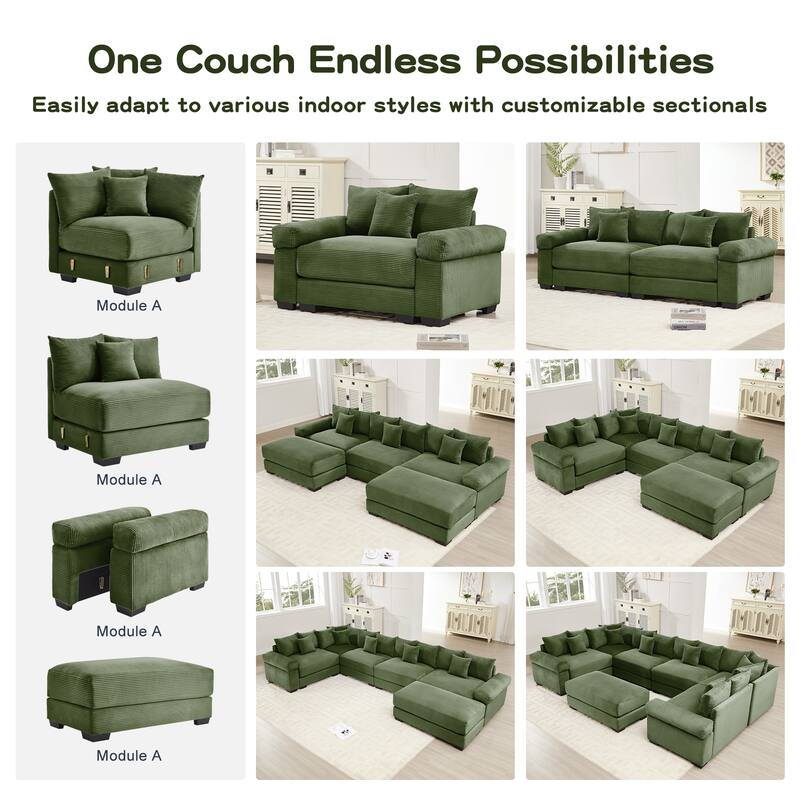 Sectional Couch with 2 Movable Ottomans, 92" Corduroy Couches for Living Room, Upholstered Sofa Couch with Deep Seat for Bedroom