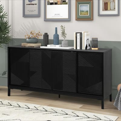 Modern Geometric Accent Cabinet with Sliding Doors and Wood Veneer Top