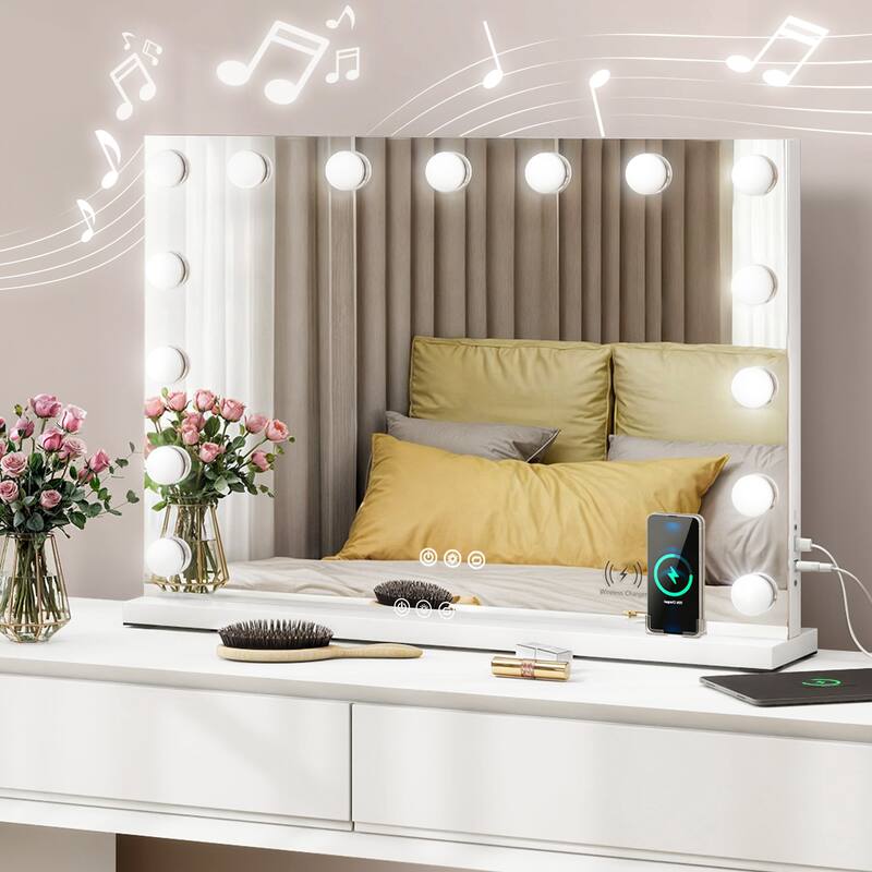 Moasis LED Lighted Makeup Mirror with Touch Screen 3 Colors Lighting Vanity Mirror w/ Wireless Charger and Speaker