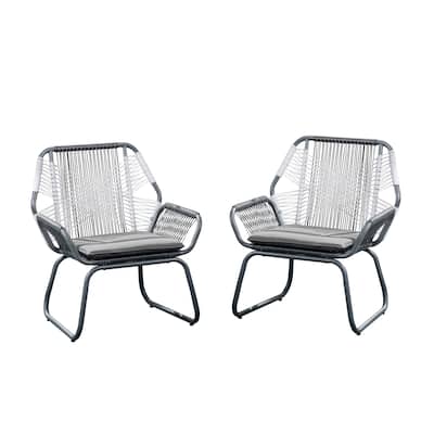 Meny Outdoor Club Chair Set of 2, White Rattan Woven, Matte Gray Metal