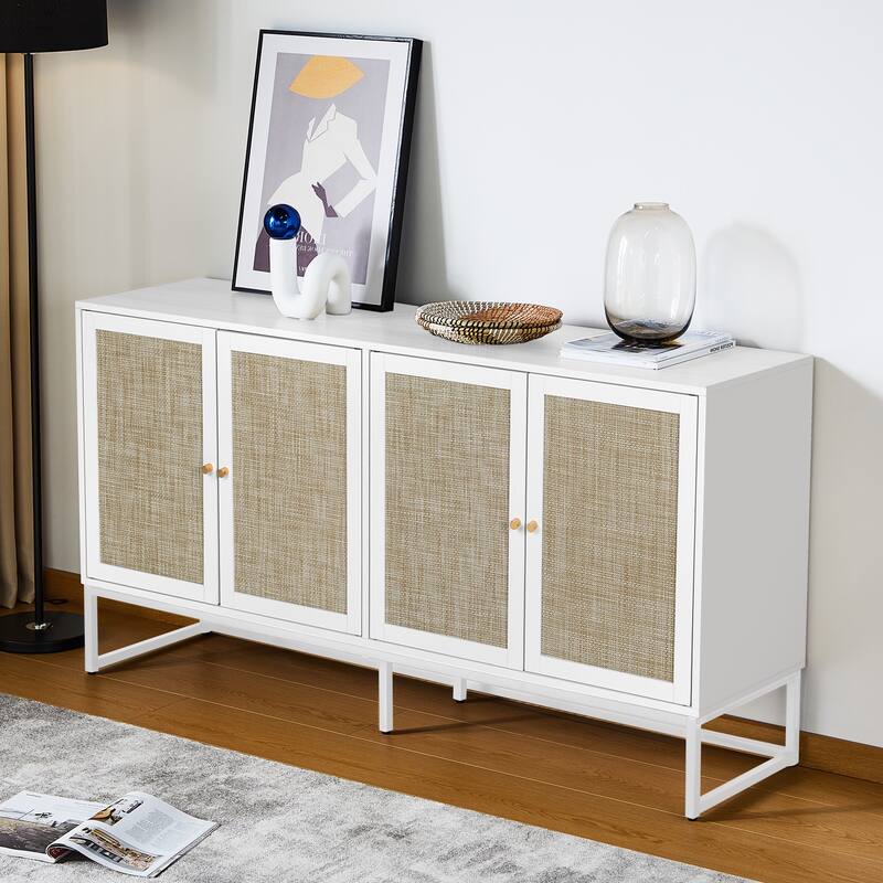 Wood Rattan 4-Door Buffet Sideboard With Storage