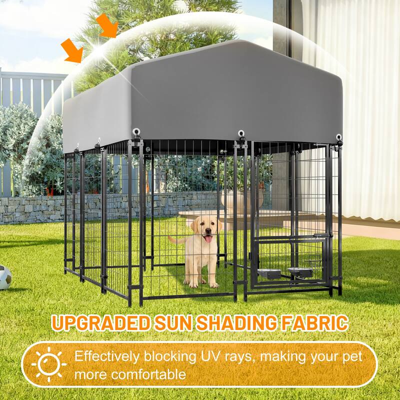 GDFStudio - Large Outdoor Heavy Duty Metal Dog Kennel with Roof, UV-Resistant Waterproof Cover, Double Lock & Rotating Feeder