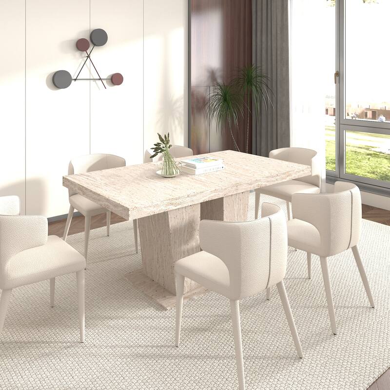 Extendable Dining Table Meeting Table, Wood Kitchen Table for 6-10, Large Office Table with Veined Travertine Pattern