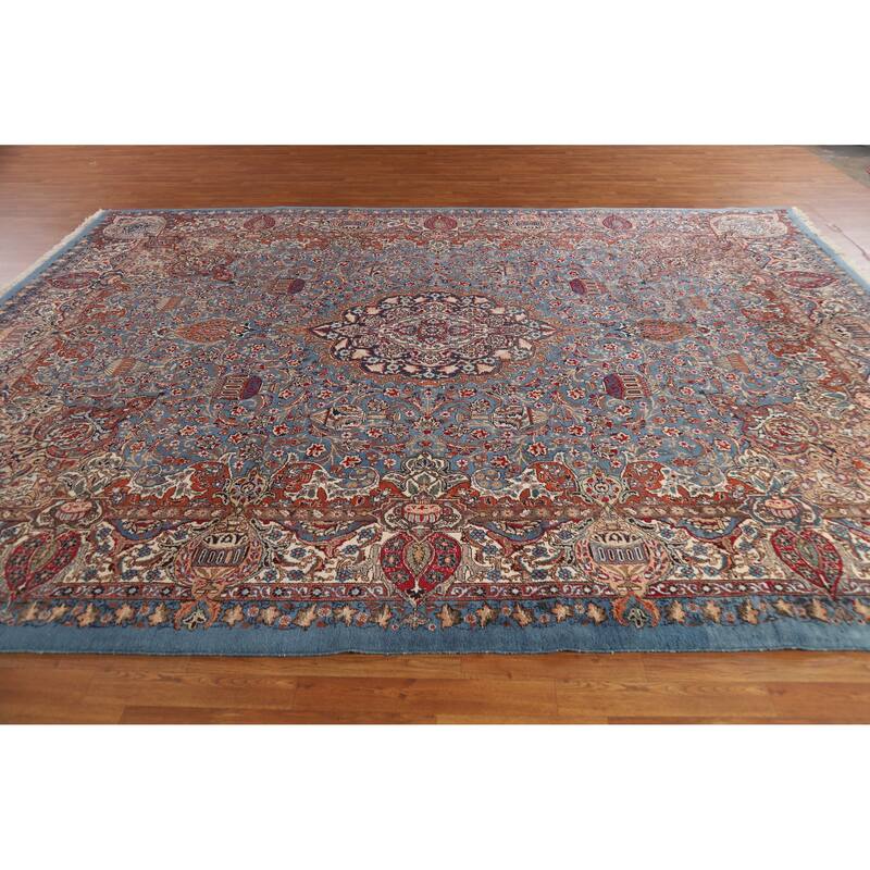 Hand Knotted Oriental 100% Wool Carpet Traditional Floral Navy Blue & Blues Kashmar Area Rug - 12' 9'' X 10' 0''