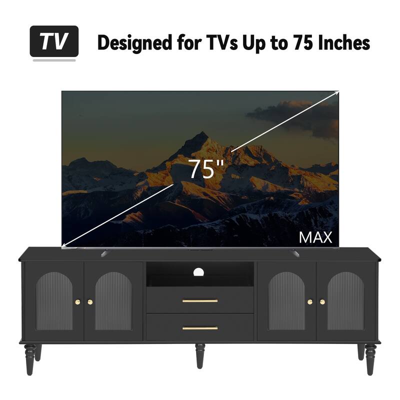 68.9'' Retro TV Stand for 75 Inch TVs, Media Console with Fluted Glass Doors, 2 Drawers & Solid Wood Legs for Living Room