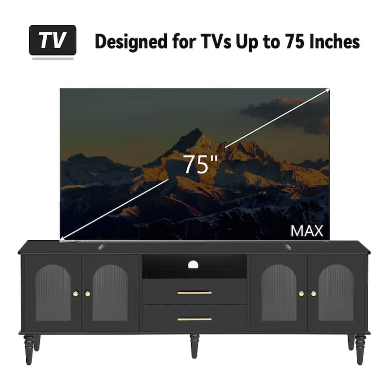 Retro TV Stand for TVs up to 75 Inches with Fluted Glass Doors - 68.8" D x 15.6" W x 23" H