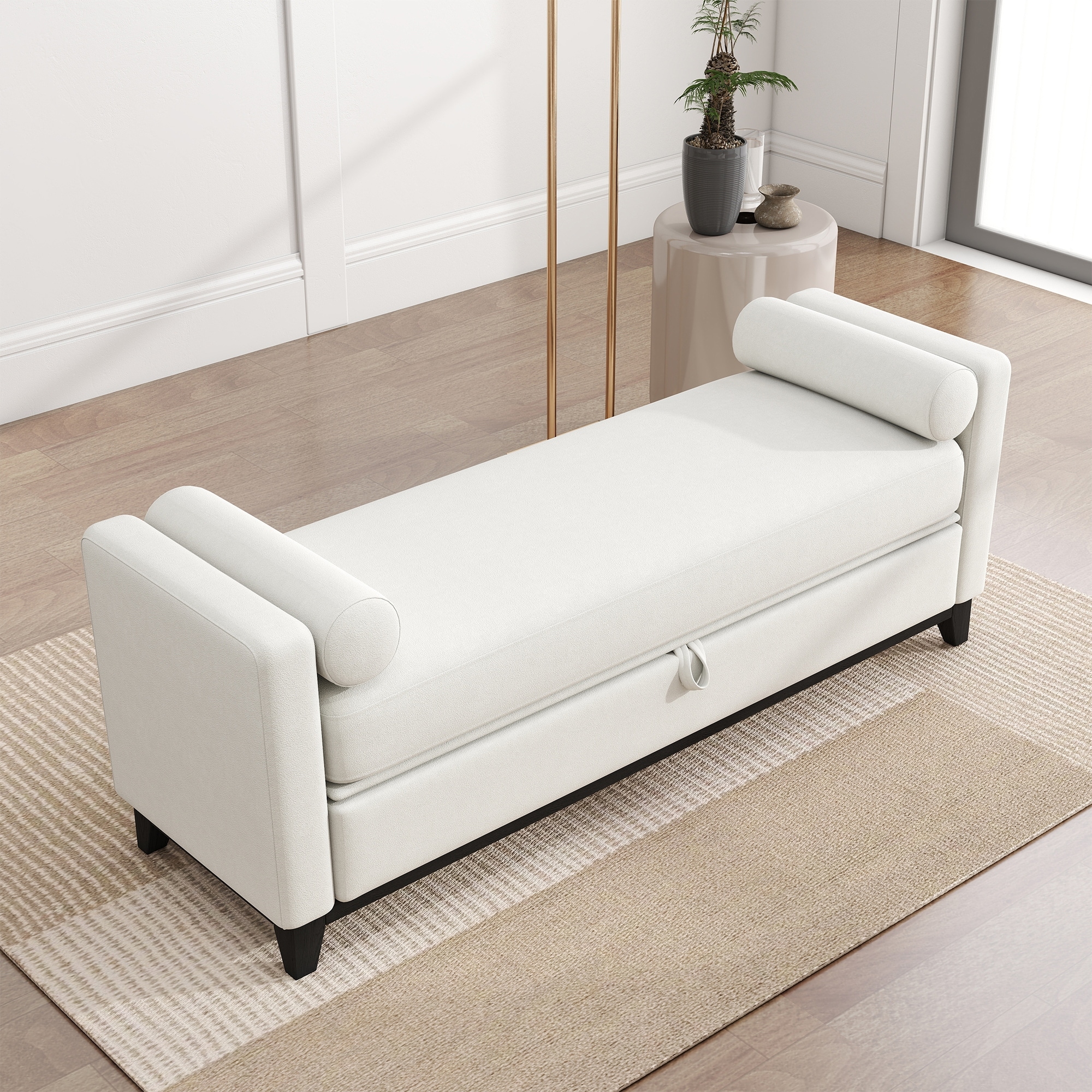 Roomfitters 66-Inch Sherpa Storage Bench, Mid-Century Modern End of Bed Ottoman with Hidden Compartment & Black Legs