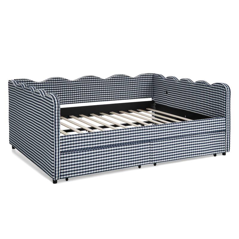Full/Queen Gingham Daybed with 2 Storage Drawers, USB Port & Wave Shaped Linen Fabric