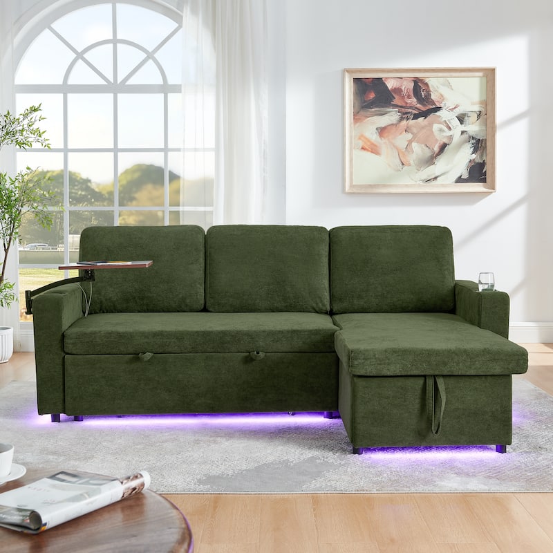 Pull Out Sleeper Sofa Bed Chenille L-shaped Sectional Couch with Storage Chaise, Retractable Table, LED, USB and Cup Holders