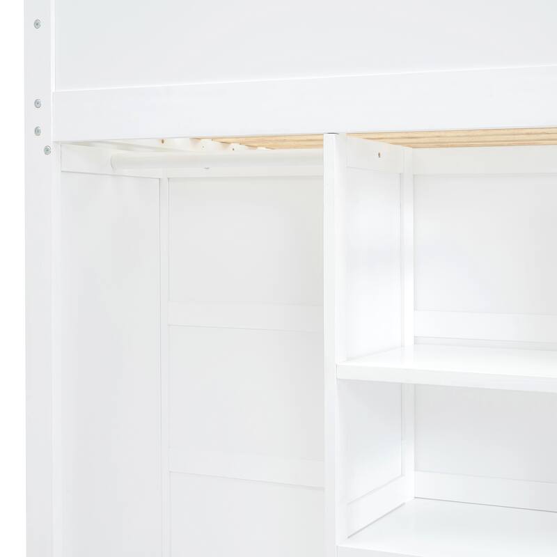 Multifunction Storage Wood Loft Bed Frame with Wardrobes, Desk, 4 Storage Drawers & Bookshelves, Space-Saving Design for Bedroom
