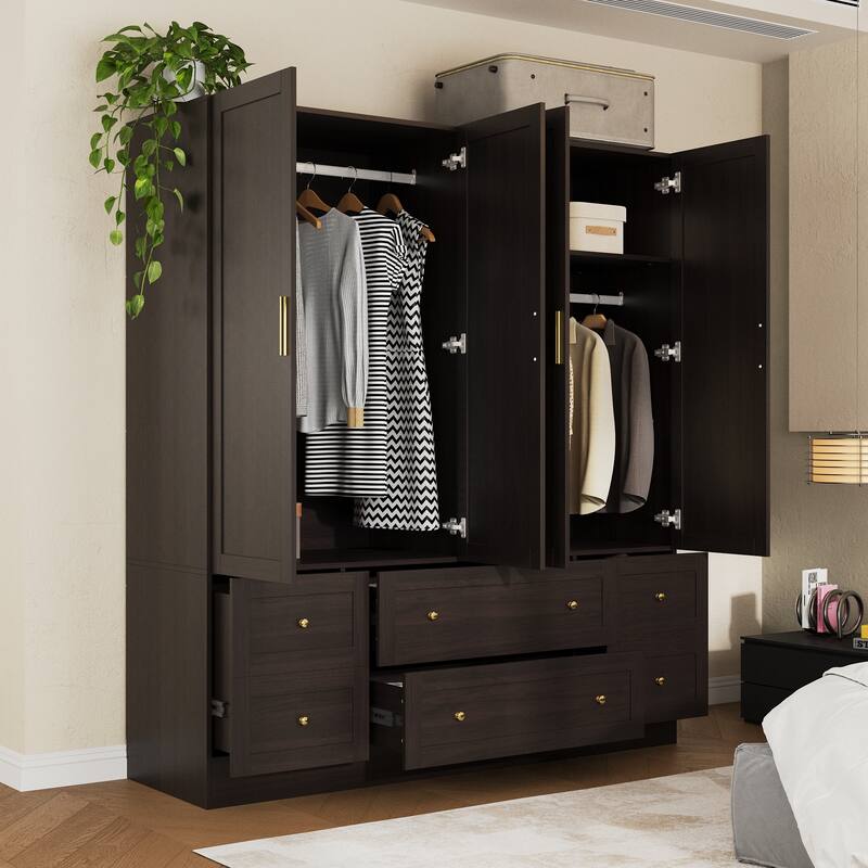 White Wardrobe Closet with Gold Handles - Modern Storage Cabinet with Drawers