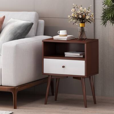Mid-century Modern Design Rubberwood Side Table, With One Spacious Drawer And An Open Shelf, Assembly Required