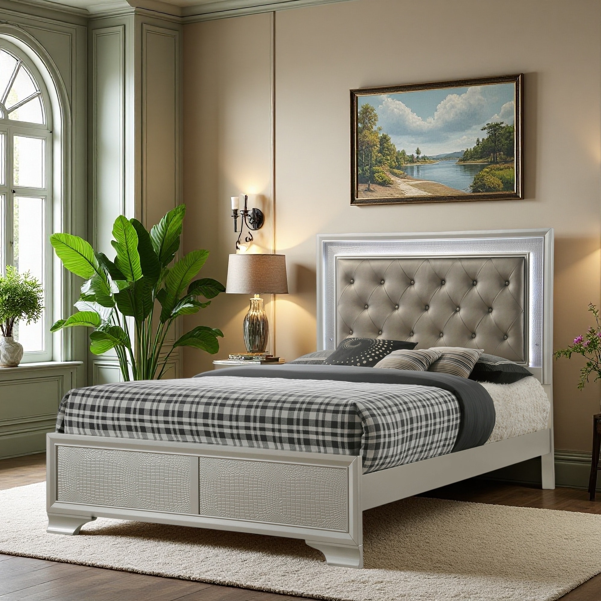 Queen Size Solid Wood Upholstered LED Panel Bed with Diamond Tufted Headboard