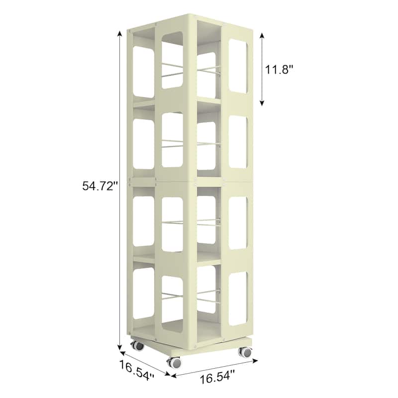 Modern 4-Tier Rotating Bookcase – 360° Swivel Wheels For Easy Mobility, Extra-Large All-Steel Construction .