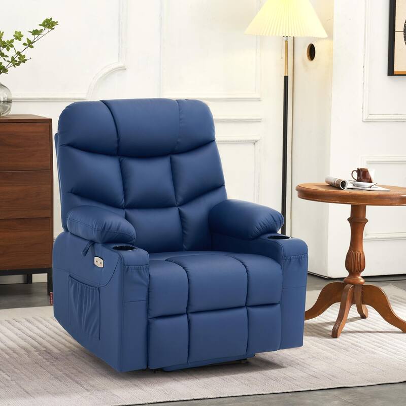 MCombo Electric Power Lift Recliner Chair Sofa for Elderly, 2 Side Pockets and Cup Holders, Faux Leather 7288 - Navy Blue