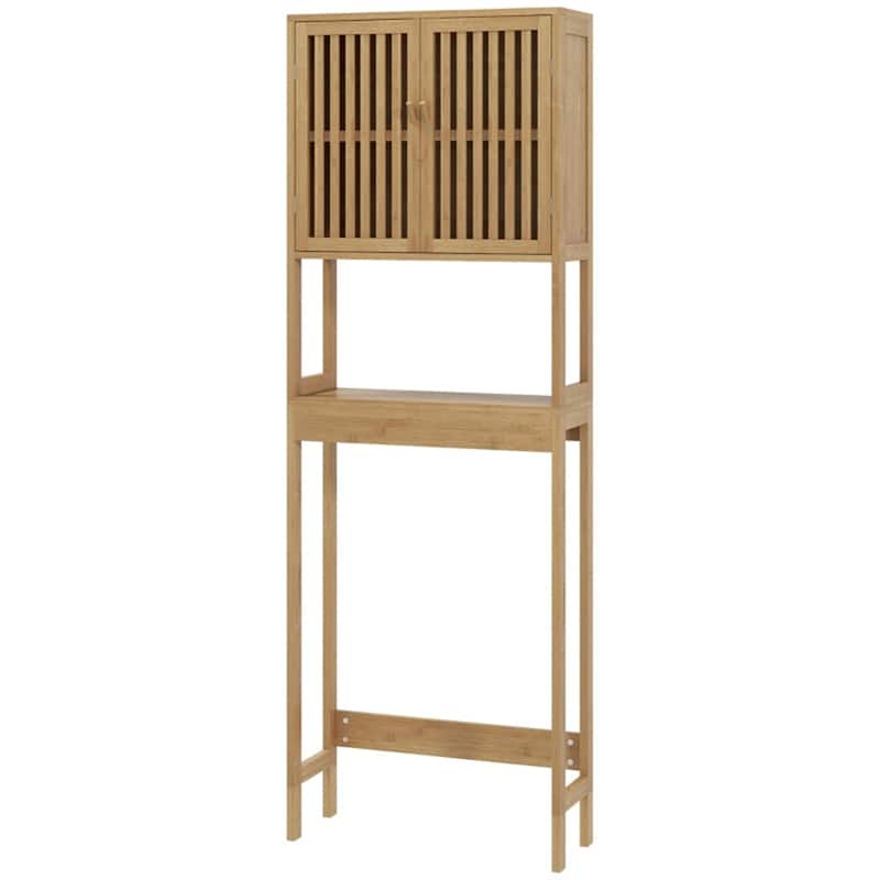 Vertical Natural Wicker 2-Tier Over Toilet Rack with Adjustable Shelves and Slatted Door Design - 23.6" W x 8.5" D x 67.7" H