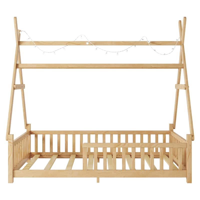 House Bed with Light, Low Toddler Floor Bed House-shaped Roof Frame with Fence and Roof for Kids Boys Girls