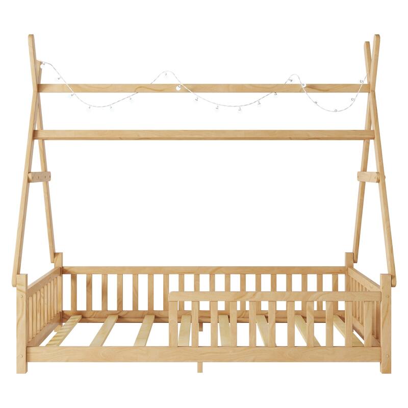 Wooden House Shaped Platform Bed with LED Light and Roof, Low Floor House Bed Frame with Full Length Guardrails