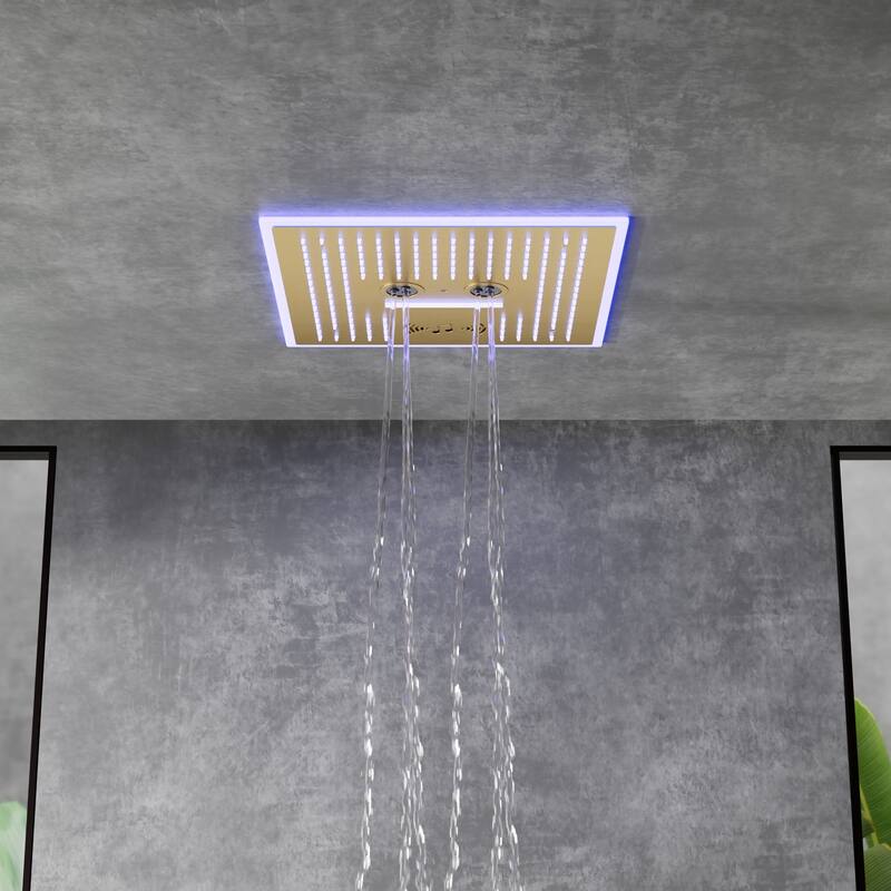 Shower Faucet System 16" Ceiling Mount Shower Head 3 Spray Modes Body Jets Handheld Spray with Slide Bar LED Music