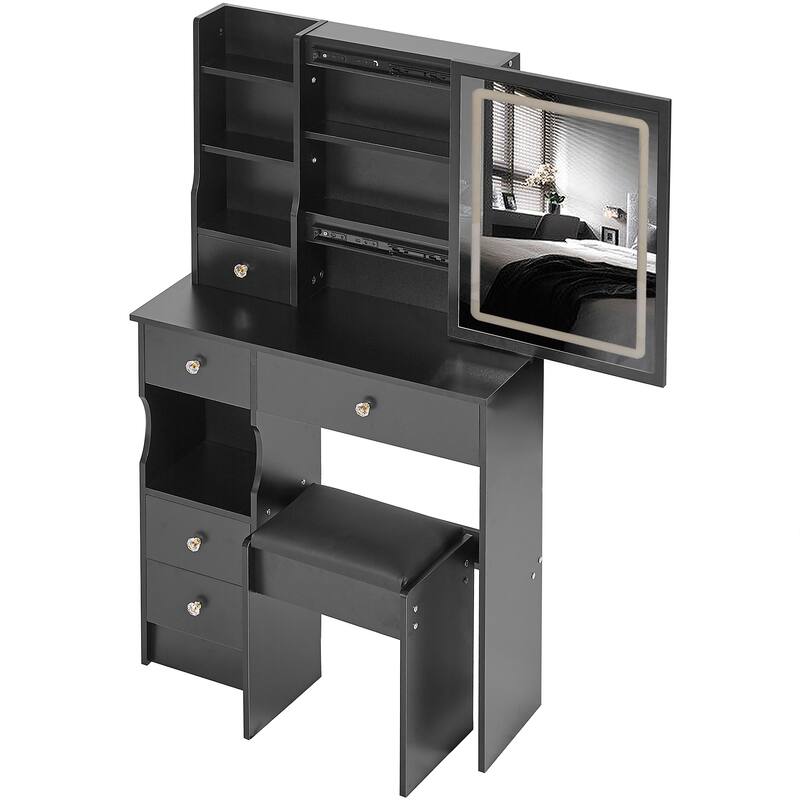 Small Space Vanity Table with Sliding LED Mirror, Multi-Layer Storage, and Comfortable Stool for Modern Bedrooms