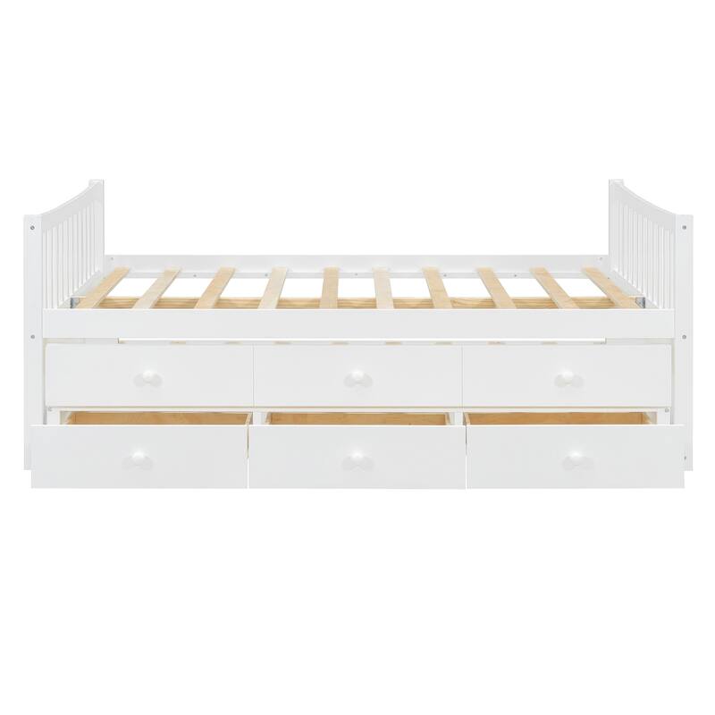 Full Size White Daybed with Twin Trundle and Drawers for Extra Sleeping Space