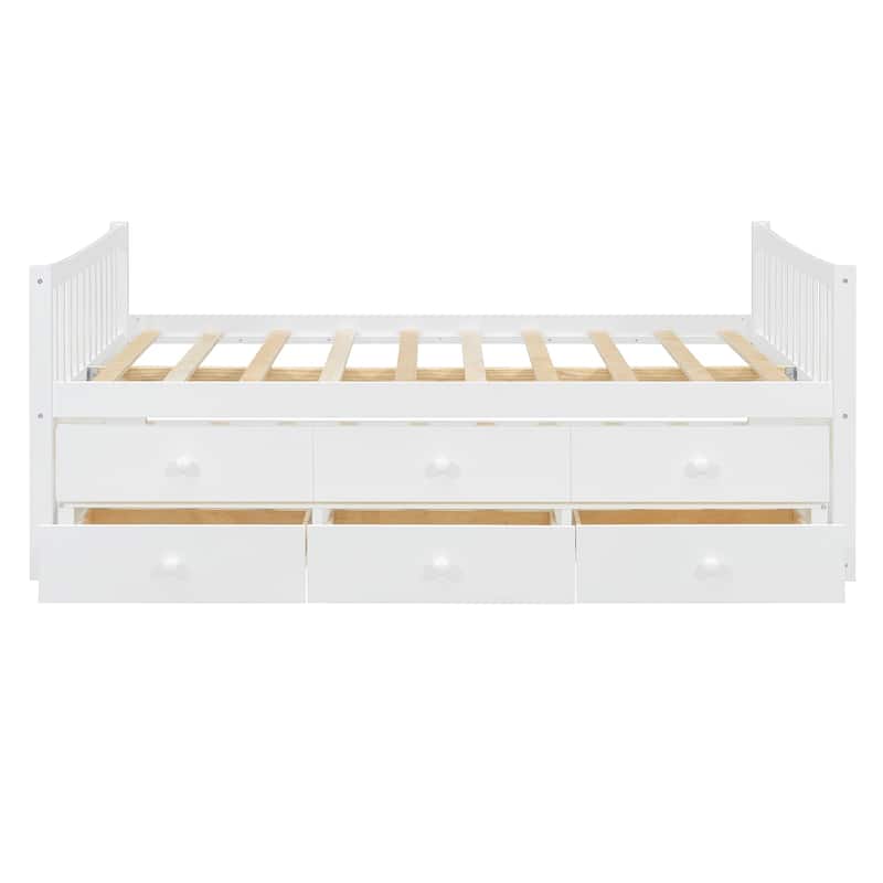 Wood Captains Bed Storage Daybed Full Size Platform Bed with Twin Size Trundle and Drawers, Built-in Smoothly Casters