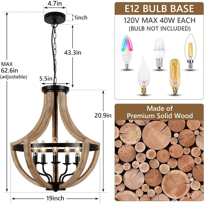 19"Farmhouse Chandelier,5-Light Dining Room Light Fixtures Over Table,Solid Wood Modern Chandeliers for Dining Room